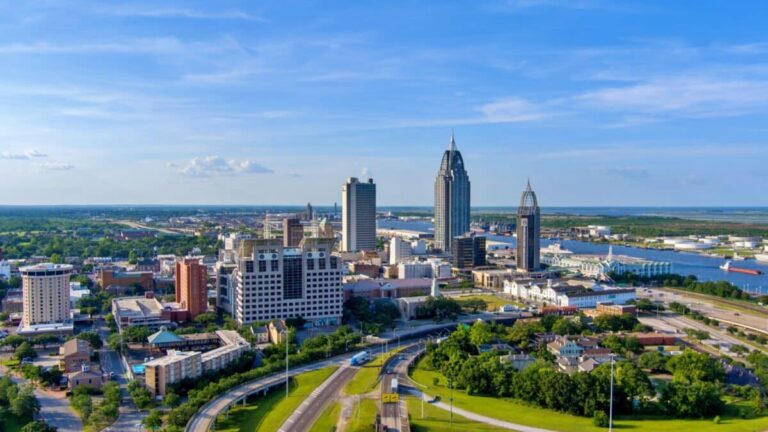 Downtown Mobile, Alabama waterfront skyline