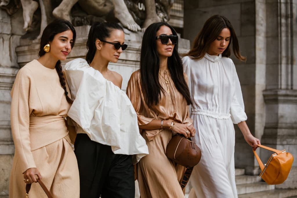 PARIS, FRANCE - SEPTEMBER 30, 2019: Bettina Looney, Anna Rosa Vitiello, Tamara Kalinic, Florrie Thomas before STELLA McCARTNEY fashion show at Paris Fashion Week Spring/Summer 2020.